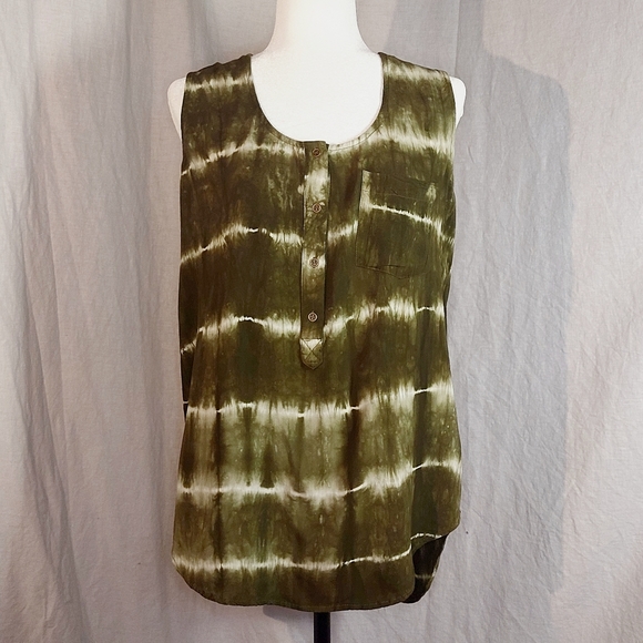 Suzanne Betro Weekend olive rayon tie-dyed hi-lo tunic, XL, EUC - Picture 2 of 4